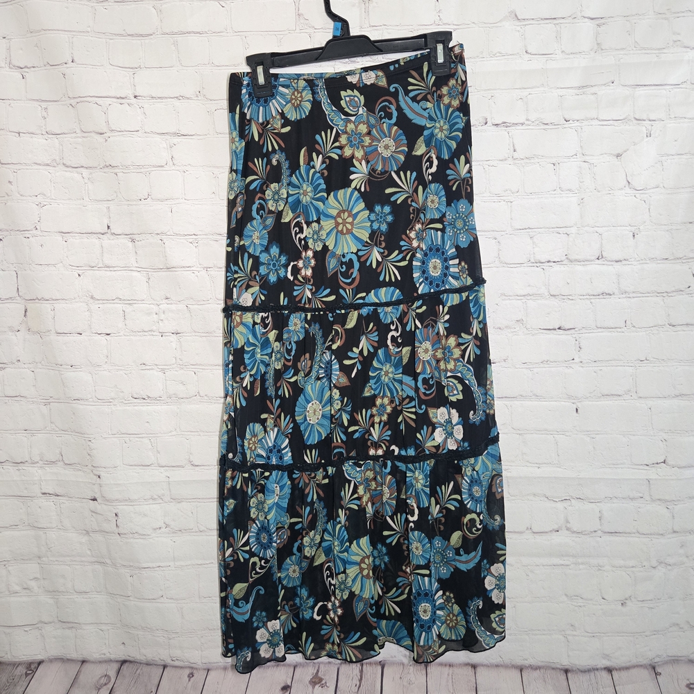 Vtg Y2k Heart Soul Micro Mesh Tiered‎ Retro Flower Maxi Skirt M Boho WhimsiGoth